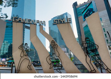 SEOUL, SOUTH KOREA - APRIL 15, 2019 : Famous Psy Korean Singer Dancing Silhouettes In Gangnam Square.