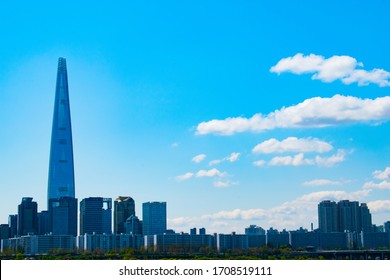 Seoul, South Korea - April 18 2020: A View Of The East Seoul Skyline On Bright Spring Day. 