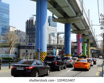 Seoul, South Korea, April 4, 2019, Seoul Subway Line 2 Ground Elevated Section In Seongsu-dong, Seoul, Korea.