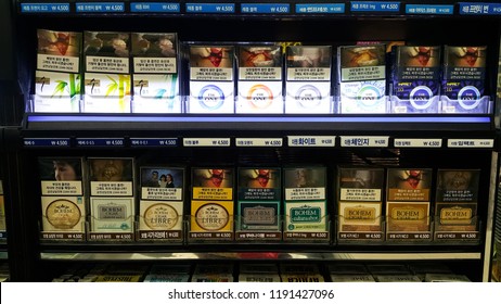 Seoul, South Korea Aug 18 2018 Assorted Packs Of Branded Cigarette With Warning Labels And Tag Price On Display For Sell At Store