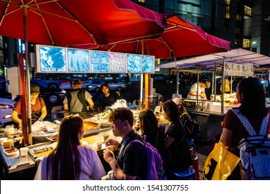 Seoul, South Korea - AUG 2019: The Night View Of  Myeong-dong Night Market, The Urban Of Seoul City