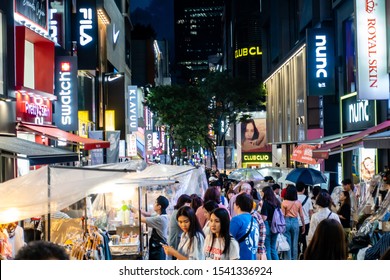 Seoul, South Korea - AUG 2019: The Night View Of Myeong-dong Night Market In Urban Of Seoul City