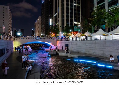 Seoul, South Korea - AUG 2019: The night view of the bridge on the Cheonggyecheon