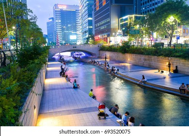 Seoul, South Korea - August 7, 2017: See Cheonggyecheon Stream In Seoul people relax. Cheonggyecheon stream
