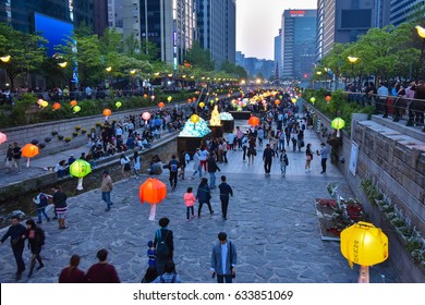 Seoul, South Korea: Cheonggyecheon stream lantern festival at night on April, 2017.