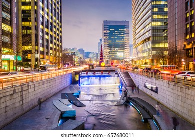 Seoul, South Korea cityscape at Cheonggye Stream.