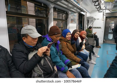 Seoul, South Korea - December 15, 2018 : People Enjoying Trip In Intercity Korea Train Express In Seoul City.