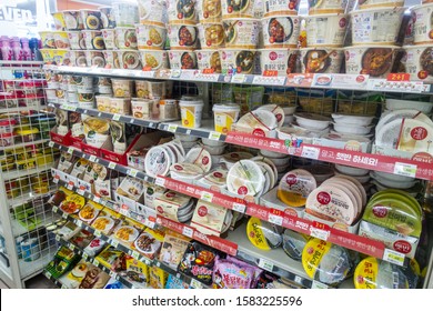 Seoul, South Korea - December 6th, 2019:
Food And Beverages On Display On Shelves At Convenience Store.