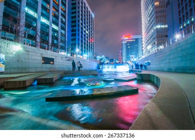 SEOUL, SOUTH KOREA - FEBRUARY 28, 2015: Night light at Cheonggyecheon stream. The stream is a 10.9Ã?Â km long, modern public recreation space in Seoul downtown. 