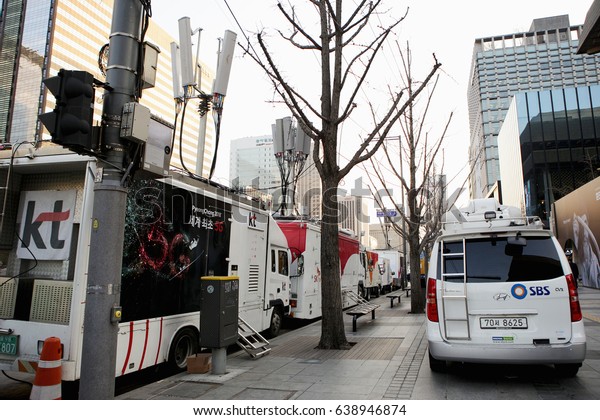 Seoul, South Korea - January, 2017: Mobile TV\
stations in the street
