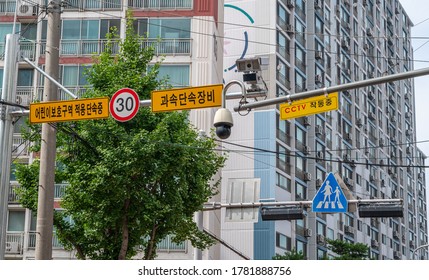 Seoul, South Korea - July 2020 : School Zone Traffic Sign And Camera That Controls Speeding Cars.