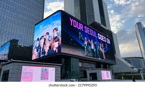 Seoul, South Korea - July 8 2022: Coex Screen Square And BTS Seoul Collaboration Ad On Large Digital Billboard.