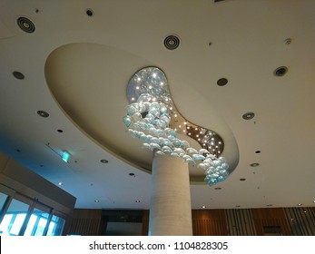 Seoul, South Korea - June 01, 2018: Courtyard By Marriott Seoul Times Square Is A 4-star Accommodation In Yeongdeungpo District With Beautiful Ceiling Display At The Main Hotel Lobby Hall. 