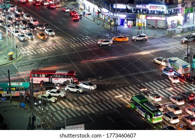 Seoul, South Korea - June 2016 : Timelapse Shot Of Intersection. Showing Busy City Life. South Korea.