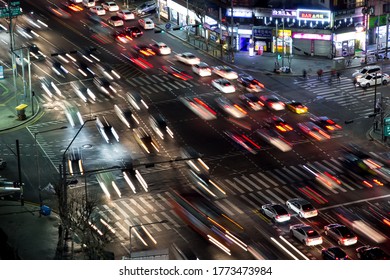 Seoul, South Korea - June 2016 : Timelapse Shot Of Intersection. Showing Busy City Life. South Korea.