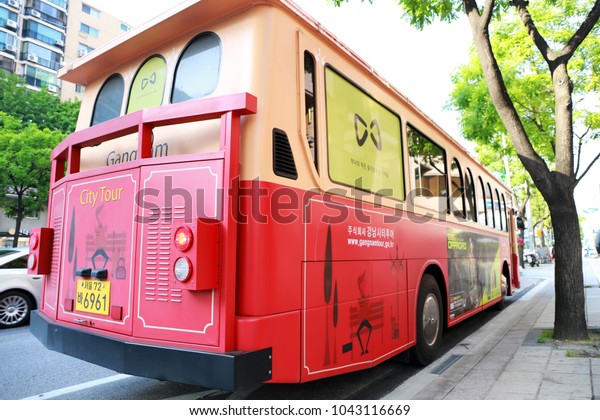 SEOUL,\
SOUTH KOREA - MAY 17, 2014_Gangnam City Tour bus, a touristic bus\
service that shows the city with an audio\
guide