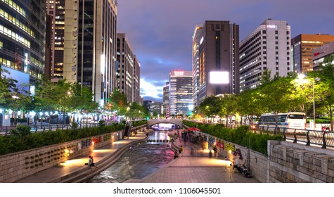 SEOUL, SOUTH KOREA - MAY 18: Cheonggyecheon Stream at night  photo taken on may 18, 2018 in Seoul South Korea  