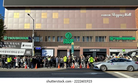 Seoul, South Korea - November 5 2022: Itaewon Subway Station No.1 Entrance View. People Are Praying For Victims Around Subway Station Entrance.  