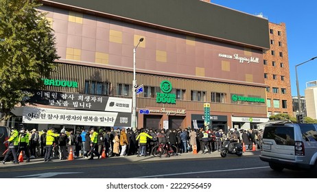 Seoul, South Korea - November 5 2022: Itaewon Subway Station No.1 Entrance View. People Are Praying For Victims Around Subway Station Entrance.  