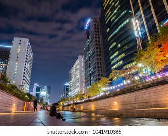 Seoul, South Korea - October 16, 2017: Cheonggyecheon Stream Park at night. Cheonggyecheon canal is a famous landmark in Seoul, South Korea.