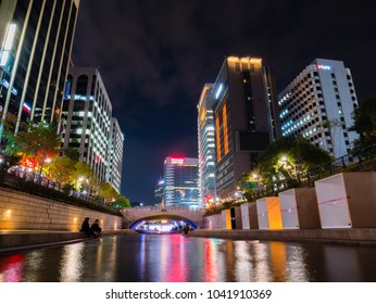 Seoul, South Korea - October 16, 2017: Cheonggyecheon Stream Park at night. Cheonggyecheon canal is a famous landmark in Seoul, South Korea.