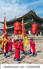 SEOUL, SOUTH KOREA - OCTOBER 19: Korean soldiers re-enact the king's procession at Gyeongbokgung Palace on October 19, 2014 in Seoul, South Korea.