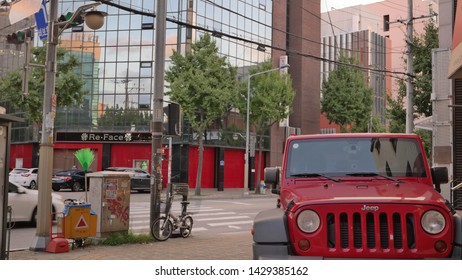 Seoul, South Korea - October 2018 : Jeep Wrangler Is In City The Street Near Hongdae Area