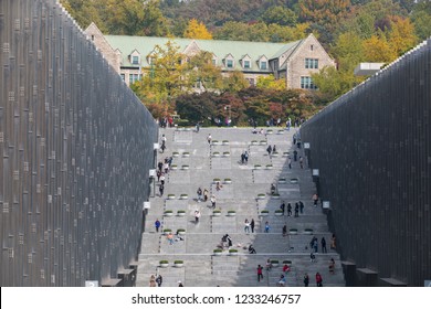 SEOUL, SOUTH KOREA - OCTOBER 22, 2018 : Tourist visiting Ehwa womans university. This is the first women university in South Korea.