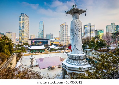 Seoul, South Korea skyline from Bongeunsa Temple.