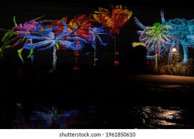 Seoul ,South Korea;23 Oct 2015:Beautiful steam special event light up flower art graphic on brick wall inside tunnel along canal  located at cheonggyecheon stream in downtown.