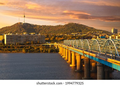 seoul tower and dongjak bridge over han river in seoul, south korea