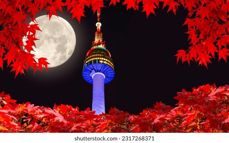 Seoul Tower with  Full Moon in autumn South Korea - Powered by Shutterstock