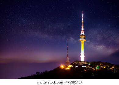 Seoul Tower With Milky Way At Night.Namsan Mountain In Korea