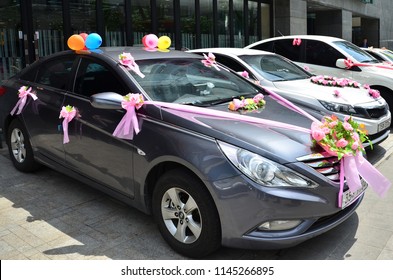 Seoul/Korea_May 18 2017: A wedding car decoration at the front of the bridal shop.