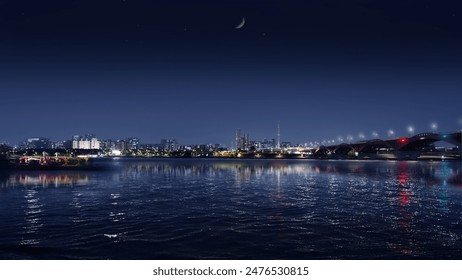 Seoul's Han River Nightscape, Sparkling Waters and Illuminated Bridges,Nightscape, Seoul, River, Night View, Bridge, Duck Boats, Sparkling,  - Powered by Shutterstock