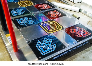 Seoul,South Korea-August 2020: Colorful Arrow Sign Of Dance Dance Revolution Arcade Machine