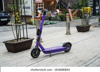 Seoul,South Korea-August 2020:Electric Scooter Parked At The Street In Hongdae Street, Seoul Area