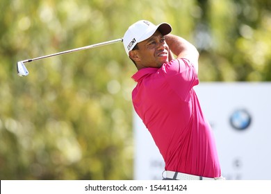 Sep 15, 2013; Lake Forest, IL, USA; Tiger Woods tees off the sixth hole during the third round of the BMW Championship at Conway Farms Golf Club.