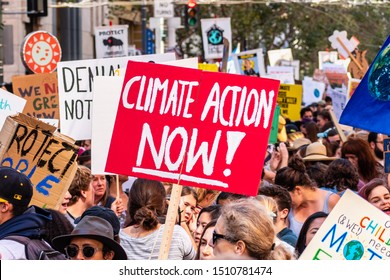 Sep 20, 2019 San Francisco / CA / USA - Climate Action Now Placard Raised At The Global Climate Strike Rally And March In Downtown San Francisco; 