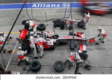 SEPANG, MALAYSIA - APRIL 5: McLaren Mercedes' Lewis Hamilton at a pit-stop of the final race of the 2009 F1 Petronas Malaysian Grand Prix. April 5, 2009 in Sepang Malaysia.