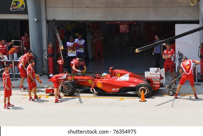 SEPANG, MALAYSIA - APRIL 8: Fernando Alonso (team Scuderia Ferrari Marlboro) on the pit at first practice on Formula 1 GP, April 8 2011, Sepang, Malaysia
