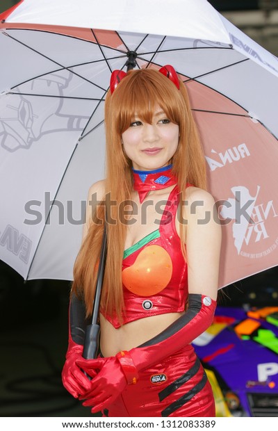 Sepang, Malaysia - January 2019 : Race queen\
from Japan in pit walk during Japan Super GT Race Series at Sepang\
F1 Circuit, Malaysia.