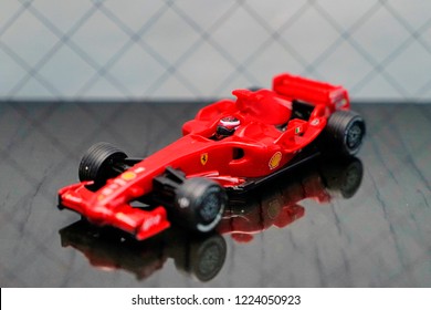 SEPANG, MALAYSIA - NOVEMBER 8, 2018- A Model Of The Ferrari Formula 1 Car. Toy Ferrari F1 F2008 On Studio Background.  Selective Focus.             