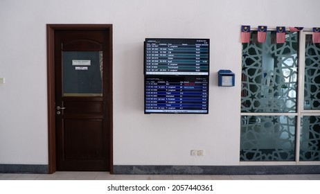 Sepang, Selangor, Malaysia - Circa October 2021 : view towards digital display of airline schedule time at Sultan Abdul Samad Mosque