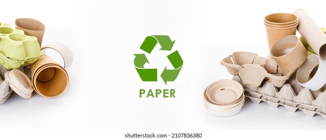 Separate Collection Of Paper Garbage. Stuff For Recycle On White Background. Eco Friendly Concept. Isolated Recyclable Paper Waste: Cardboard,egg Carton,disposable Cup, Paper Sleeve. Zero Waste Banner