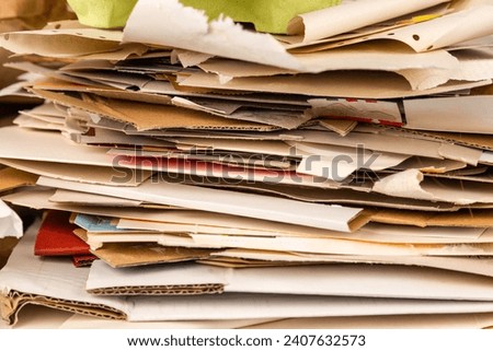 Separate collection of paper garbage. Paper stuff for recycle. Eco friendly concept. Recyclable paper waste background. Zero waste. Recycled product, Craft cardboard and paper. Top view