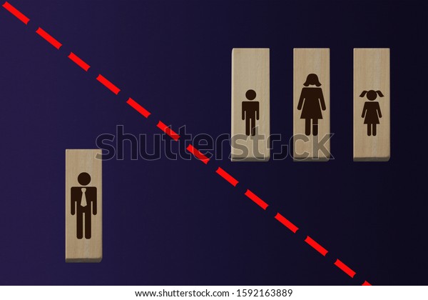 separated by a red line symbols of a man and a\
woman with children, the concept of breaking up, divorce,\
separation, family\
tragedy