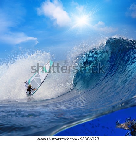 Separated image by waterline. Oceanview with breaking surfing wave and professional windsurfer on a board under sail and sealife with fish and tortoise swimming over coral reef