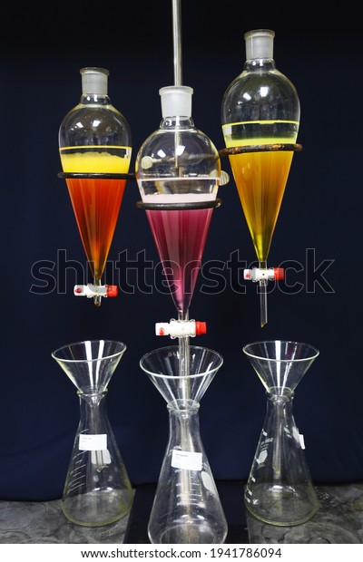 separating natural product use dichloromethane\
with water have two layer colorful and white in separating funnel\
is drug research \
process