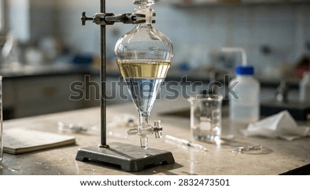 A separatory funnel in a laboratory setting containing two separated immiscible liquid layers.